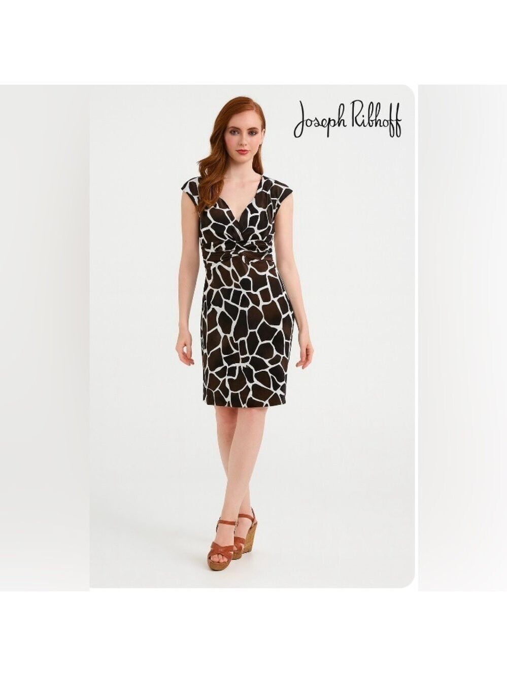 JOSEPH RIBKOFF Cap Sleeve Sheath Midi Dress Brown Animal Print Rusched Waist 4